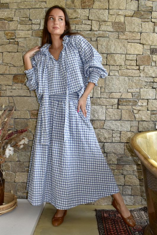 Nonni Gingham Poet Blouse Denim